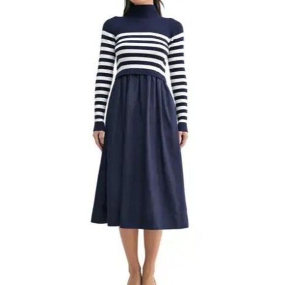 Mila Mae Women's Dress Long Sleeve Midi Navy Blue Sweater Full Skirt Medium NWOT - Picture 1 of 12